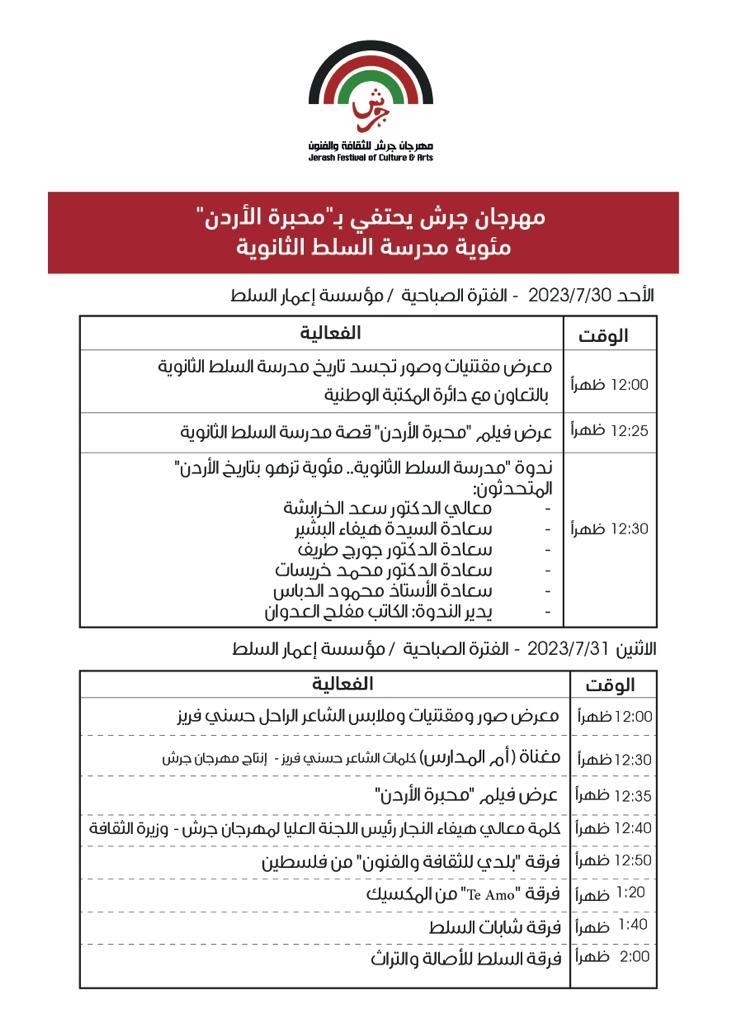 مهرجان جرش يحتفي بمحبرة الاردن مئوية السلط الثانوية